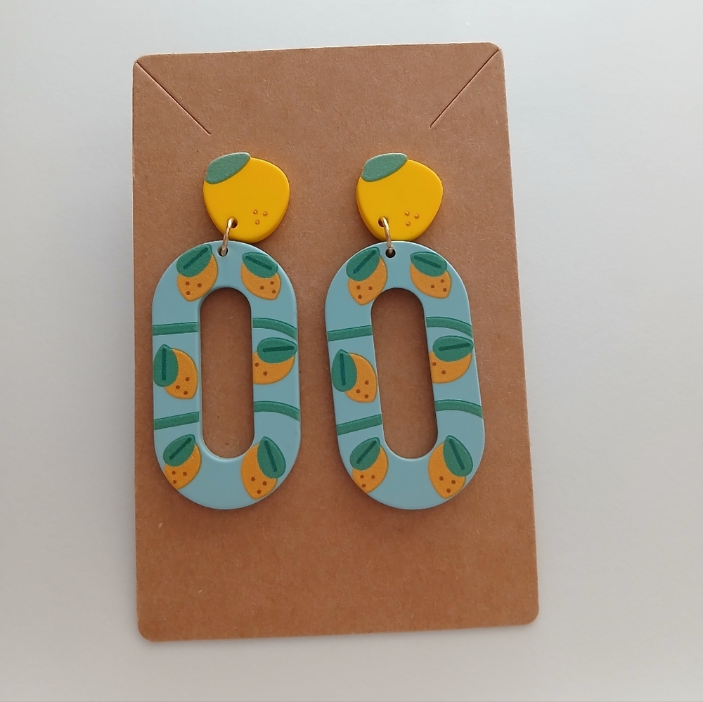 Fashion Jewelry Blue and Yellow Fruit Print Drop Earrings